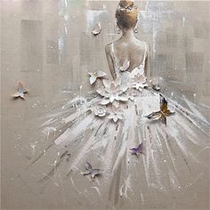 a painting of a woman in a white dress with butterflies flying around her and the back of her body