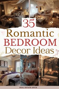 the cover of 35 romantic bedroom decor ideas is shown with pictures of beds and lights