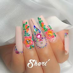 Charro Nails, Mexican Themed Nails Acrylic, Fiesta Nails, Quinceanera Charro, Spring Flower Nails, Charro Theme, Prom 2k24, Mexican Nails, Quince Cakes