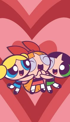 the powerpuff girls are hugging each other in front of a heart shaped background