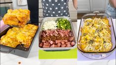 four different pictures of food in pans and one with meat, cheese, vegetables and bread