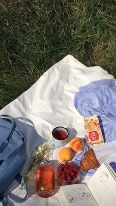 an open book and some fruit on a blanket in the grass next to a cup of tea