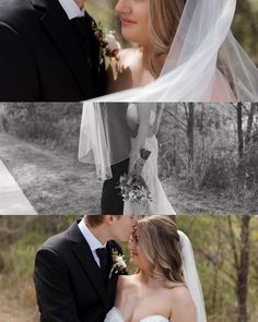 two pictures of a bride and groom kissing each other in black and white, with the same background