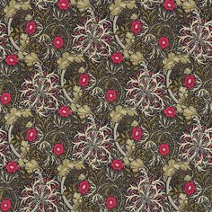 an intricate floral pattern with pink flowers and green leaves on a dark brown background canvas print