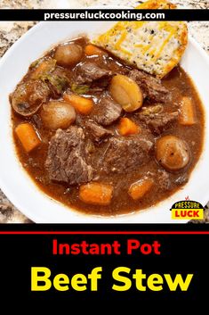 instant pot beef stew with potatoes and carrots in a white bowl on a table