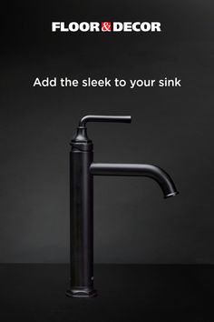 a black sink faucet with the words floor and decor above it that says, add