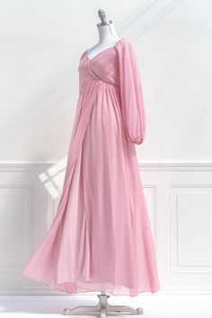 A fairytale-pink gown, the Persephone maxi dress in sparkling blush pink chiffon features a pleated bodice, long sleeves, smocked elastic back with zipper, a sweetheart neckline, and a full, sweeping skirt. Please Note- This item is final sale only. . Details: S: Bust 32"-36", Waist 26"-28", Length 58" M: Bust 34"-38", Waist 28"-30", Length 59" L: Bust 36"-40", Waist 30"-32", Length 60" Skirt Length Waist to Hem: 47" Center Back Zipper 100% Polyester Lined Dry Clean Only Imported Pink Aesthetic Retro, Greek Chiton, Persephone Dress, Pink Gown, Aesthetic Retro, Pink Chiffon, Pink Gowns, Pleated Bodice, Romantic Dress