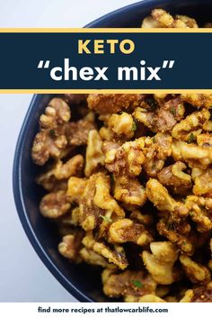 a blue bowl filled with fried food and the words keto chex mix above it