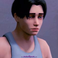 an animated image of a man with black hair wearing a blue tank top and looking at the camera