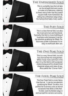 Discover the art of pocket square folds with these four essential styles: The Unfinished Fold, The Puff Fold, The One Peak Fold, and The Four Peak Fold. Each technique adds a unique touch of elegance to your suit, whether you're dressing for a formal event or adding flair to a business look. Suit Tips Men Style Guides, Tuxedo Types, Tuxedo Accessories Men, Pocket Square Folds, Men's Formal Wear, Black Tie Attire, Tuxedo Accessories, Disney Princess Fashion, Handkerchief Men