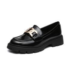 PRICES MAY VARY. Rubber sole Style: These Platform loafers with a stylish thick TPR sole that is slip resistant. Featuring a 1.57 inch heel could help to enhance your height and keep you confident. Design:The Patent PU upper is accented with a delicate buckle or chain trim. Flexible sole. Slip-on platform loafer with Round toe. Comfort:With a thick PU footbed and soft PU leather lining, these casual loafers offer you all-day comfort and support Feature:Round toe, platform, patent, chunky block l Trendy Office Loafers With Chain Strap, Black Loafers With Chain Strap And Round Toe, Chain Strap Loafers With Round Toe For Work, Trendy Formal Platform Loafers With Metal Feet, Trendy Gold Loafers For Workwear, Trendy Gold Loafers For Work, Loafers With Chain, Black Penny Loafers, Chunky Platform Loafers