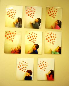 four pictures of children kissing each other with hearts drawn on the wall behind them,