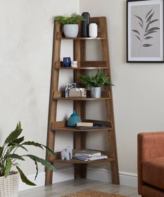 a living room with a brown couch and a tall wooden shelf filled with potted plants