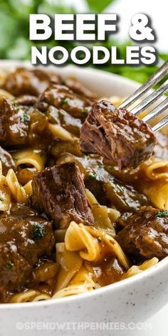 beef and noodles in a white bowl with text overlay that reads beef and noodles