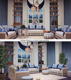 two pictures of a living room with blue and white decor on the walls, one in front of an open window