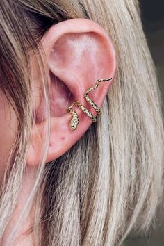 A woman wearing a gold snake ear cuff earring. The Serpent, Ear Stack, Affordable Jewelry, Fashion Today, Pretty Jewellery, Snakes, Solid 925 Sterling Silver, Wrap Around, Personal Growth