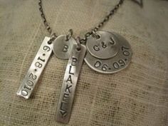 this necklace shows the couples initials and wedding date. The name of child and birthdate and also the initial of last name on small round disk, but I am able to change things up to fit your needs.. Charms are hand stamped using individual letter stamping tools, therefore no two are exactly alike, this adds to the charm of your custom piece and makes it one of a kind. During the checkout process you will choose the length of chain for your necklace and also customize you personal necklace. See shipping details for shipping costs. I can usually ship your order within 3 days. Letter Stamping, Silver Initial Ring, Couples Initials, Sterling Silver Initial, Family Necklace, Stamping Tools, Monogram Jewelry, Customized Jewelry, Kids Necklace