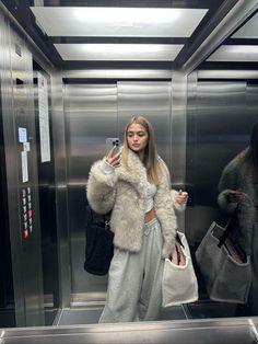 Oversized Fur Jacket Outfit, Grey Fleece Vest Outfit, Grey Fur Jacket Outfit, Fur Jacket Aesthetic, Grey Fur Coat Outfit, Faux Fur Coat Outfit, Grey Faux Fur Coat, Light Grey Color, Grey Jacket