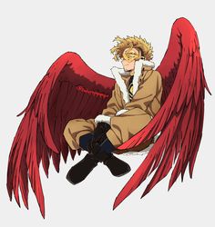 an anime character with red wings sitting on a chair