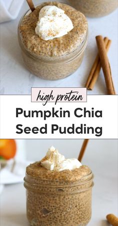 pumpkin chia seed pudding in a glass jar with cinnamon sticks and whipped cream on top