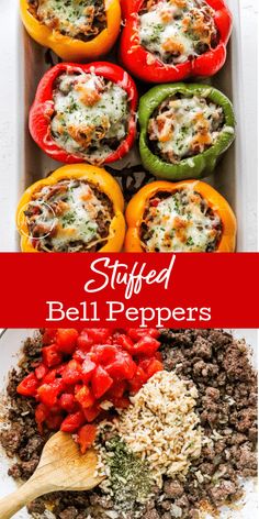 stuffed bell peppers in a baking dish with cheese and seasoning next to the ingredients