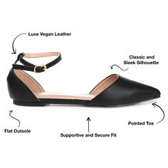 Create your chic style in pointed toe flats by Journee Collection. Premium faux leather uppers highlight pointed toes and raised back heels with a dainty ankle strap. Padded insoles create a comfortable fit to complete the design. At Journee Collection our flat styles will have you looking just as professional as the boss at work to having the cutest shoes when you go out for the night. Chic Pointed Toe Flats For Party With Flat Heel, Sleek Evening Flats With Pointed Toe, Chic Party Pointed Toe Flats, Leather Pointed Toe Flats With Ankle Strap For Party, Sleek Pointed Toe Flats For Evening, Trendy Pointed Toe Flats For Party, Chic Pointed Toe Fitted Flats, Sleek Evening Pointed Toe Flats, Evening Ballet Flats With Medium Width And Pointed Toe