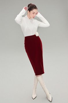 Lilah Pencil Plain Velvet Midi Skirt | MEAN BLVD Elegant Midi Length Pencil Skirt For Winter, Elegant Winter Midi Length Pencil Skirt, Elegant Midi Length Bottoms For Winter, Elegant Red Midi Pencil Skirt, Elegant Midi Length Winter Bottoms, Elegant Winter Midi Bottoms, Elegant Red Pencil Skirt For Work, Formal Long Pencil Skirt For Fall, Elegant Red Pencil Skirt