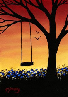 a painting of a tree with a swing hanging from it's branches and birds flying in the sky