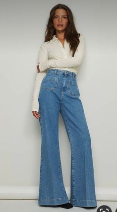 A Line Jeans Outfit, Front Pocket Jeans Outfit, 70s Jeans Outfit, Wide Leg Jean Outfits, Front Pocket Jeans, Wide Jeans Outfit, Wide Leg High Waist Jeans, 70s Mode, Wide Leg Outfit