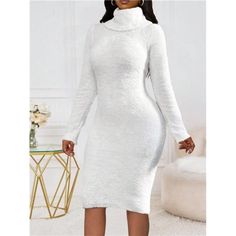 -Item Id 43682135 -Details: Fuzzy -Neckline: High Neck -Sleeve Type: Regular Sleeve -Style: Elegant -Type: Bodycon -Waist Line: Natural -Hem Shaped: Pencil -Color: White -Pattern Type: Plain -Sleeve Length: Long Sleeve -Fit Type: Slim Fit -Length: Knee Length -Material: Knitted Fabric -Composition: 95% Polyester, 5% Elastane -Care Instructions: Machine Wash, Do Not Dry Clean -Sheer: No -Fabric: Slight Stretch **Open To Offers!!!** **Bundle To Save More** **30% Off Bundles Of 2 Or More Items!!** Dress For Autumn, Winter Colors, Style Elegant, Boutique Dresses, White Patterns, Autumn And Winter, Fitted Dress, Sleeve Type, Sleeve Styles