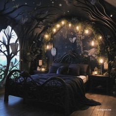 a bedroom decorated in dark colors with fairy lights