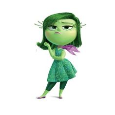 a cartoon character with green hair holding a purple flower in her hand and looking at the camera