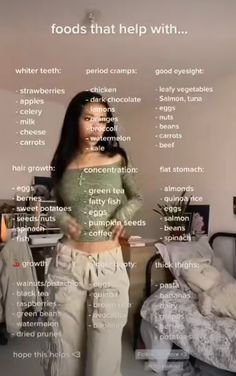 a woman standing in front of a bed with words describing her body and what foods she wants to eat