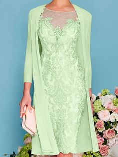 3/4 Sleeve Sheer Chiffon Lace Two Piece Sheath Mother of Bride Dress, - Princessly