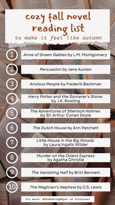 an info sheet with the text cozy fall novel reading list to make it feel like autumn