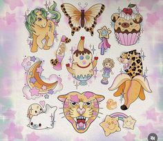 an assortment of stickers with animals, cats and other things on them in pastel colors