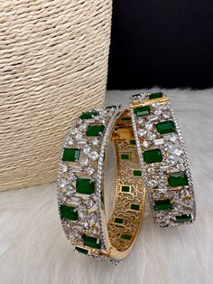 AD Green Stone Openable Bangles American Diamond Necklace Set, Traditional Bangles, Emerald Green Stone, Indian Bangles, American Diamond Necklaces, Beautiful Chokers, Diamond Necklace Set