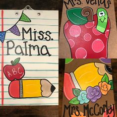 two handmade notebooks with writing on them, one has an apple and the other says miss palma