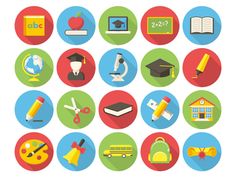 flat icons with long shadow on white background - education stock illustrations, clip art, cartoons, & icons