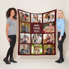 two women standing next to each other holding up a large blanket with photos on it