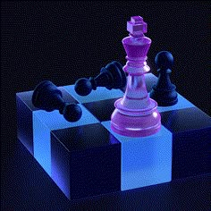 a purple and black chess piece sitting on top of a blue block in the dark