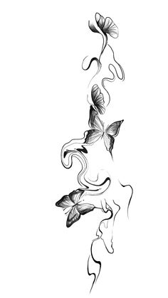 a black and white drawing of butterflies flying in the air