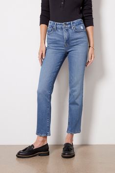 These Good American jeans will be your go-to denim staple. Finished with a hint of distressing at the pockets, these slim straight jeans feature a flattering high-rise fit, ankle-length hems, and versatile medium blue wash. Pair them with everything from a button-down to a tee and shacket. | GOOD AMERICAN Women's Legs Straight Jeans, Blue Straight Leg Ankle Jeans, Autumn Fashion Work, Drawstring Jeans, Good American Jeans, American Jeans, Women Legs, Fashion 101, Classic Jeans, Grey Denim