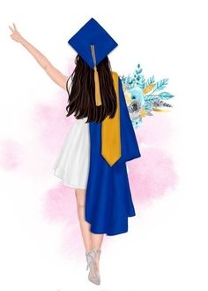 a girl in a graduation cap and gown is holding her arms out to the side