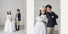 two children dressed in wedding attire posing for pictures