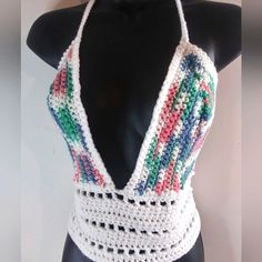 New Same Day Shipping Handmade Available In Many Colors By Request Beach Wear Casual Wear Handmade White Halter Top For Vacation, Handmade White Halter Top For Festival, Multicolor Crochet Halter Top For Beach, Crochet Multicolor Halter Top For Beach, Handmade Multicolor Crochet Top For Beach Season, Multicolor Crochet Halter Top For Summer, Multicolor Crochet Triangle Top, Multicolor Triangle Crochet Top, White Crochet Triangle Halter Top