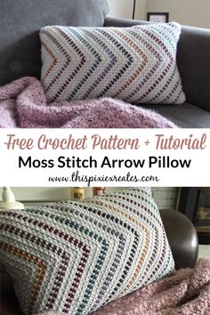 a crochet pillow with the text, free crochet pattern - moss stitch arrow pillow