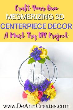 This pin features an image of a beautiful DIY 3D Wreath adorned with pink, yellow, and purple flowers. It also has a candle holder, filled with vase filler and a battery-operated candle. Diy Events, Halloween Craft Projects, Birthday Party Decorations Diy, How To Make Banners, Spring Decor Diy, Christmas Craft Projects