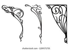 three decorative brackets with swirly designs on them, vintage line drawing or engraving style