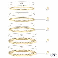 the size and width of gold beaded bracelets, with measurements for each one